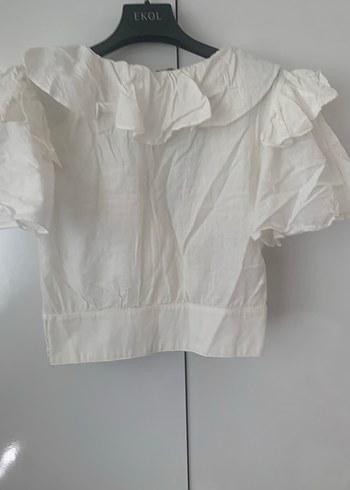 36 Beden beyaz Renk Beyaz Pamuklu Volanlı Kısa Kollu Crop