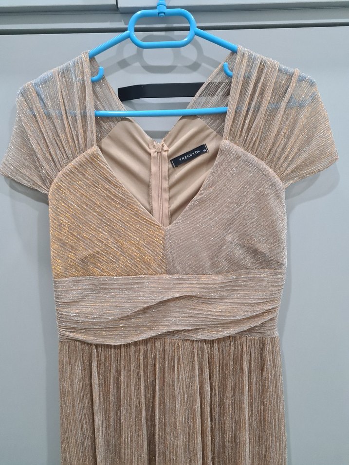 Bej Pileli Uzun Abiye Elbise - Görsel 4