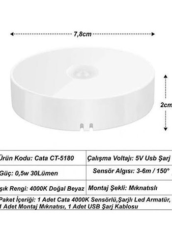 CATA CT-5180 SENSÖRLÜ ŞARJLI LED CABİNET 4000K - Görsel 5