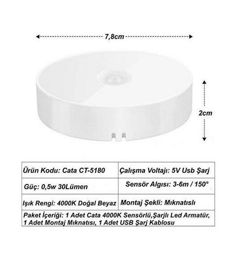 CATA CT-5180 SENSÖRLÜ ŞARJLI LED CABİNET 4000K - Görsel 5