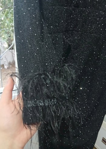 Abiye Siyah Kürk Detaylı Uzun Kollu Abiye Elbise