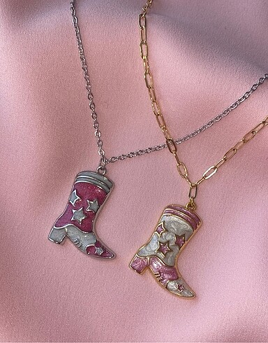 Beden pembe Renk Mineli Kovboy Çizmesi Kolye (gold)