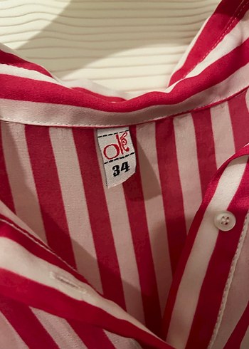 Düğmeli Pembe Çizgili Kadın Gömlek - Görsel 2