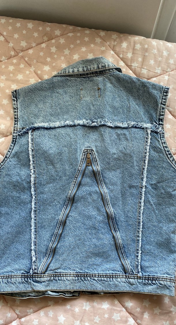 Düğmeli Kolsuz Mavi Denim Ceket - Görsel 3