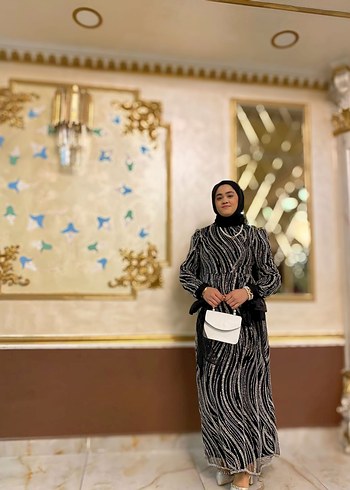 Siyah Gri Zebra Desenli Uzun Bohem Elbise