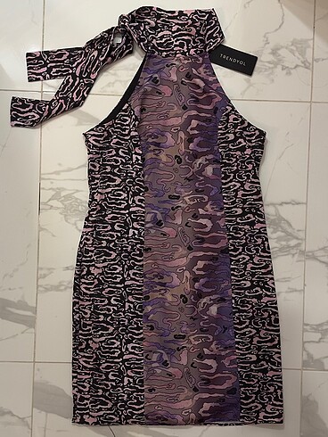 40 Beden Trendyol Zebra Desenli Mor Elbise