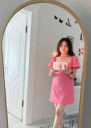 Pembe Balon Kol Pop Kültür Elbise - Görsel 2