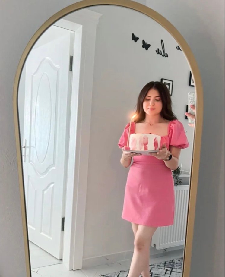 Pembe Balon Kol Pop Kültür Elbise - Görsel 2