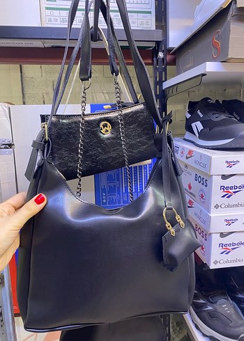 Siyah Deri Kadın Çanta ve Mini Çanta Seti - Görsel 2