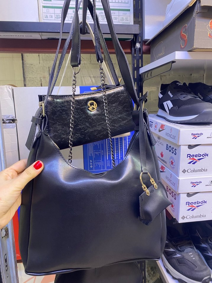 Siyah Deri Kadın Çanta ve Mini Çanta Seti - Görsel 2