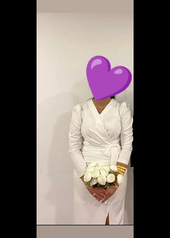 Uzun Kollu Beyaz V Yakalı Düğün Elbisesi - Görsel 2