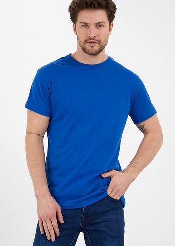l/xl Beden mavi Renk Erkek Mavi Kısa Kollu Basic Tişört