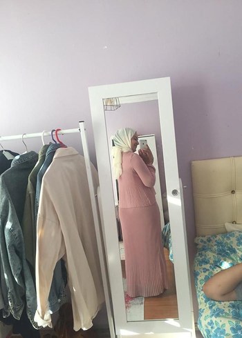 Pembe Uzun Kollu Pamuklu Uzun Elbise