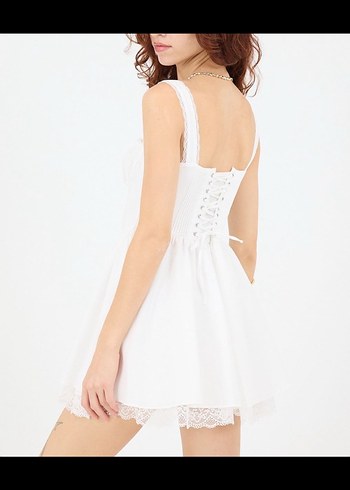 Addax Dantel Detaylı Beyaz Mini Elbise - Görsel 2