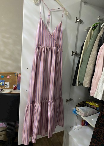 Pembe Çizgili Midi Bohem Elbise - Görsel 2