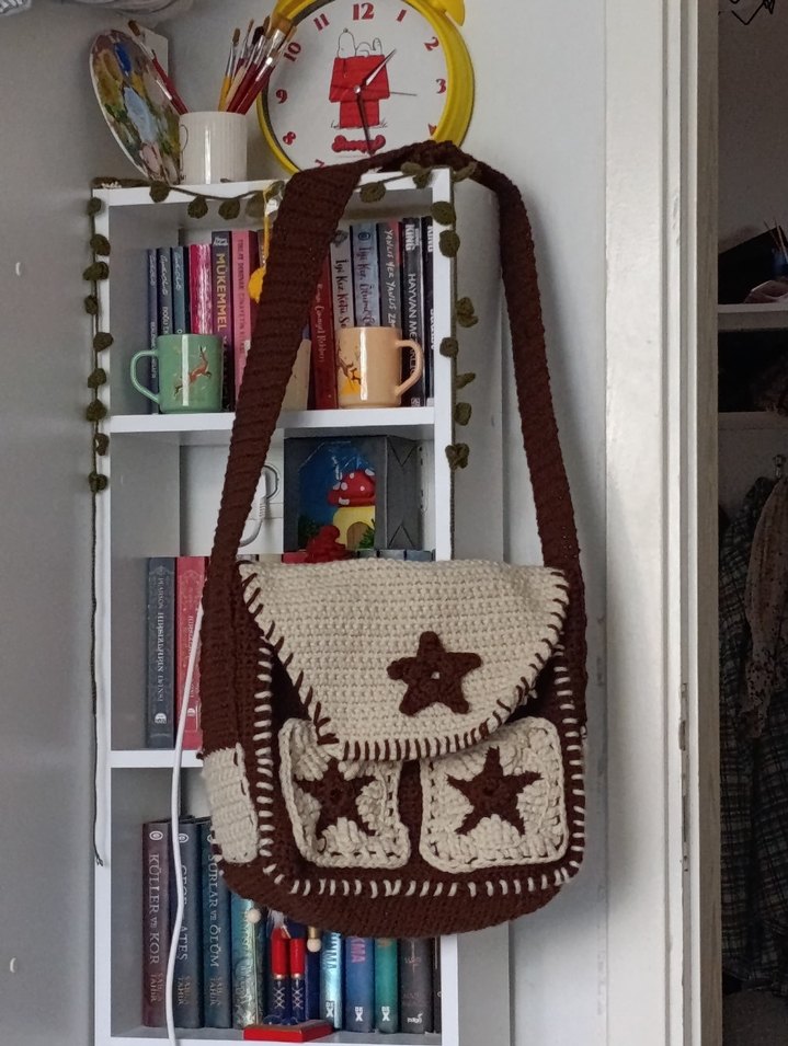 Kahverengi Nakışlı Örgü Bohem Çanta - Görsel 3