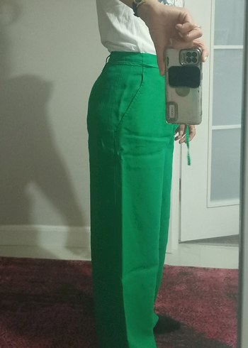 Kadın Yeşil Rahat Kesim Keten Pantolon - Görsel 3