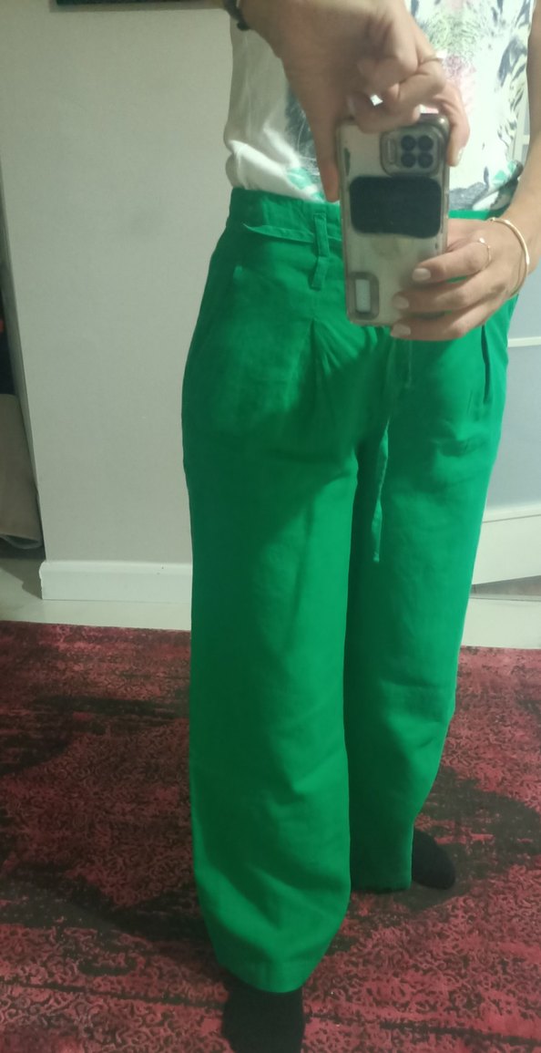 Kadın Yeşil Rahat Kesim Keten Pantolon - Görsel 2