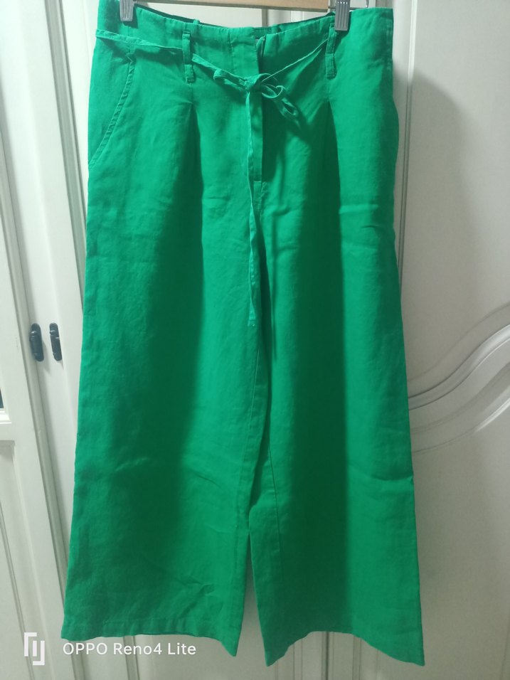 Kadın Yeşil Rahat Kesim Keten Pantolon - Görsel 4