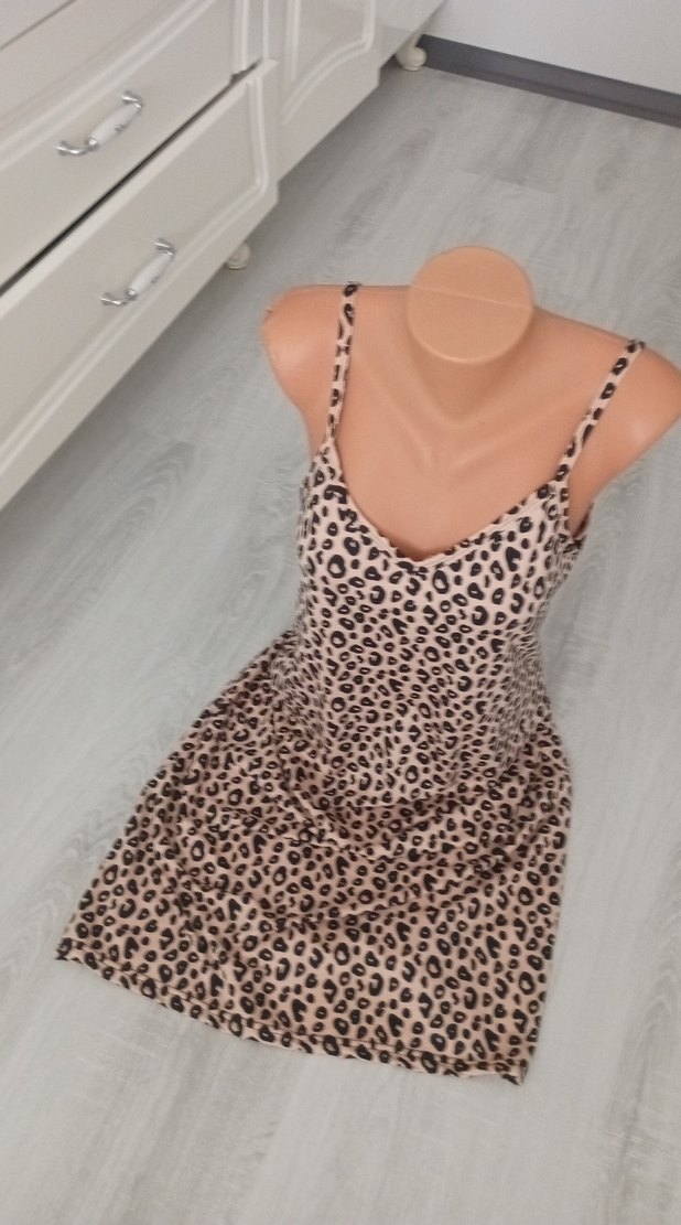 Leopar Desenli Uzun Askılı Kadın Elbise - Görsel 5