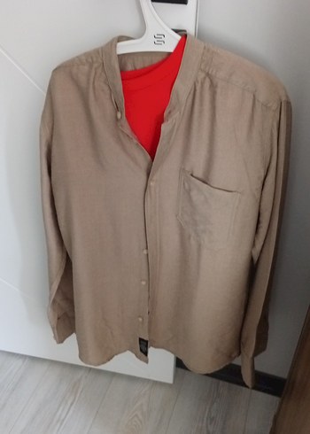 Bej Keten Erkek Gömlek, Düğmeli, Salaş Kesim - Görsel 5