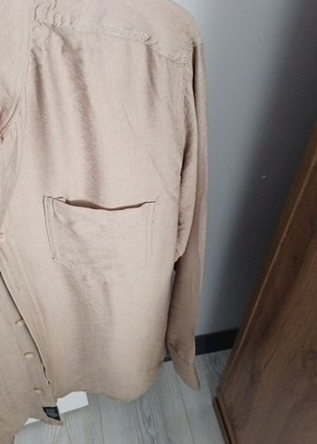 Bej Keten Erkek Gömlek, Düğmeli, Salaş Kesim - Görsel 6