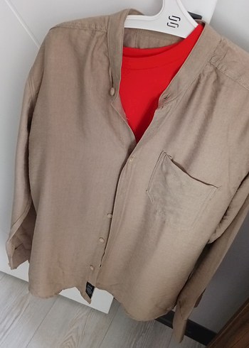 Bej Keten Erkek Gömlek, Düğmeli, Salaş Kesim - Görsel 9