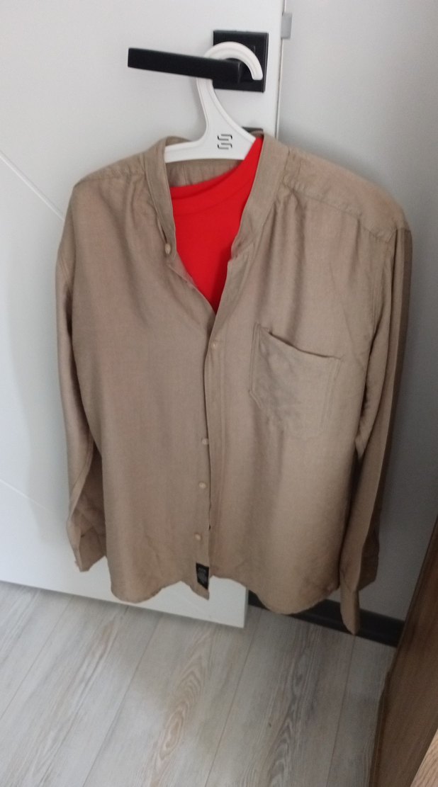 Bej Keten Erkek Gömlek, Düğmeli, Salaş Kesim - Görsel 5