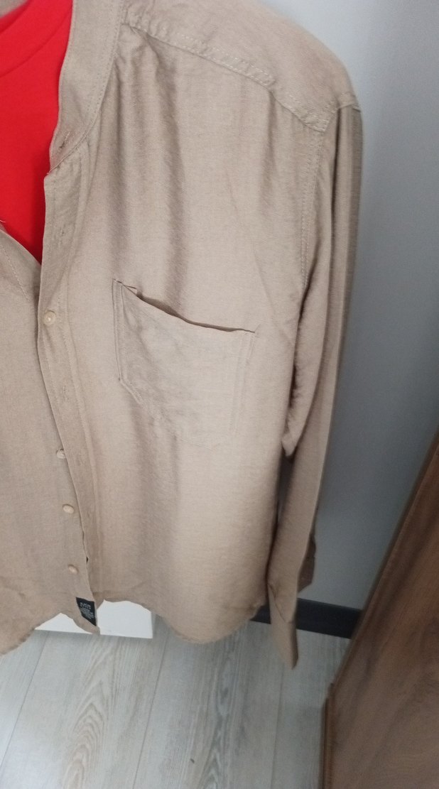 Bej Keten Erkek Gömlek, Düğmeli, Salaş Kesim - Görsel 2