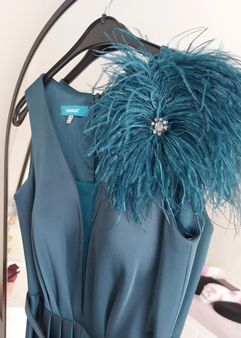 V Yakalı Uzun Mavi Abiye Elbise - Görsel 3