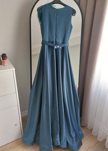 V Yakalı Uzun Mavi Abiye Elbise - Görsel 9
