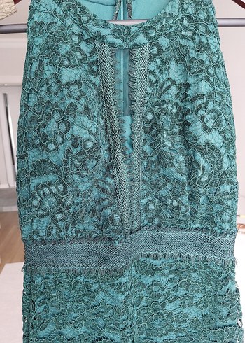 Koyu Yeşil Dantelli Midi Abiye Elbise - Görsel 3