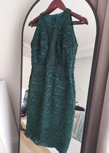 Koyu Yeşil Dantelli Midi Abiye Elbise - Görsel 4