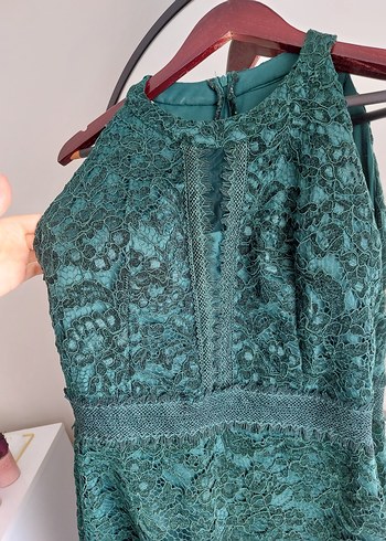 Koyu Yeşil Dantelli Midi Abiye Elbise - Görsel 6