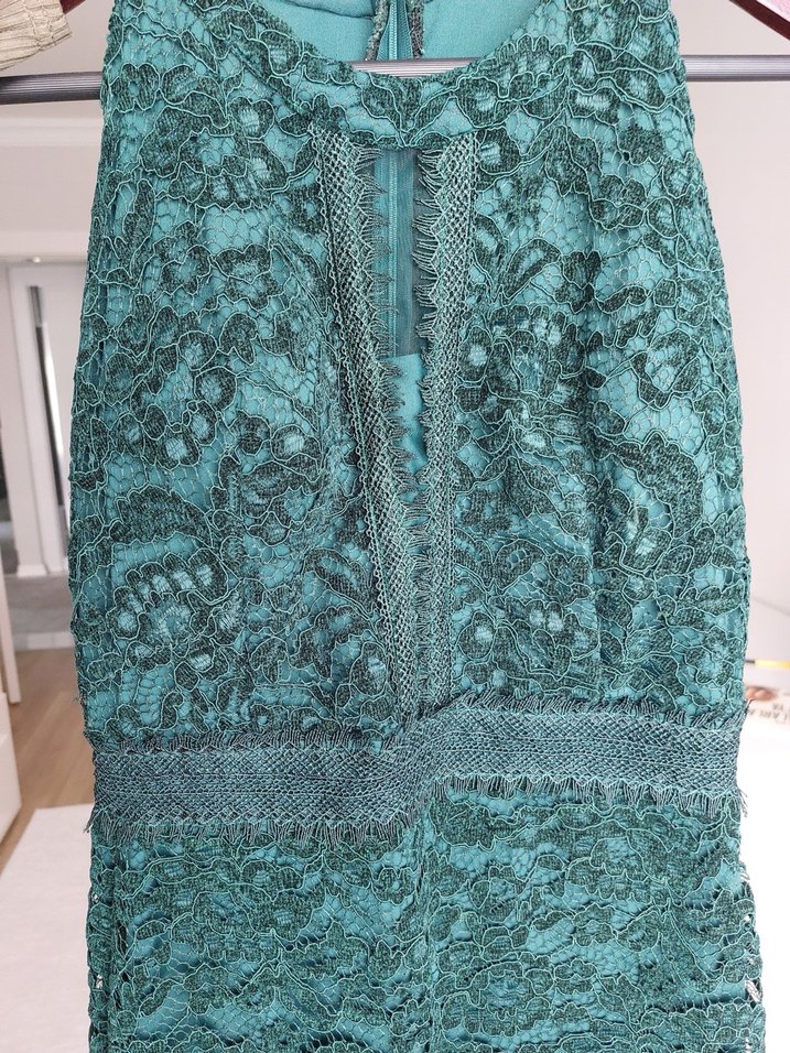 Koyu Yeşil Dantelli Midi Abiye Elbise - Görsel 3