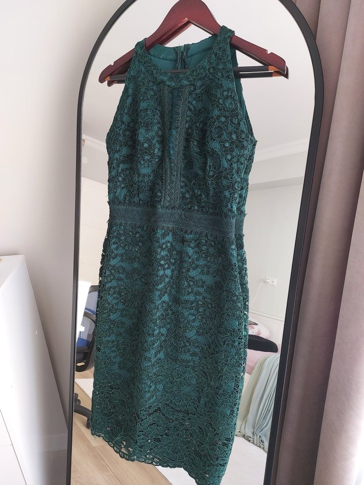 Koyu Yeşil Dantelli Midi Abiye Elbise - Görsel 4