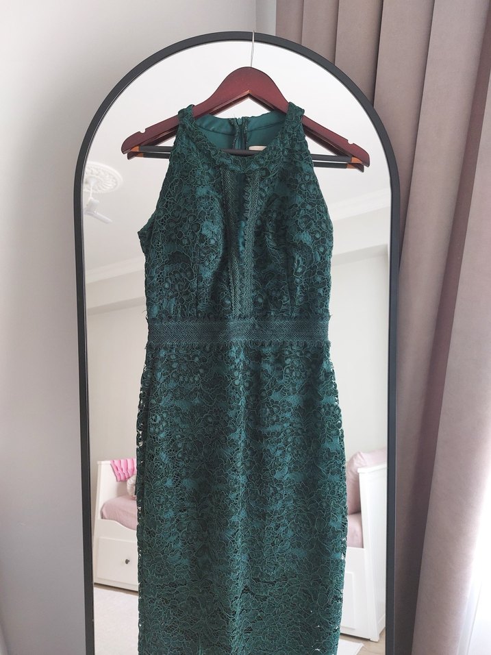 Koyu Yeşil Dantelli Midi Abiye Elbise - Görsel 2
