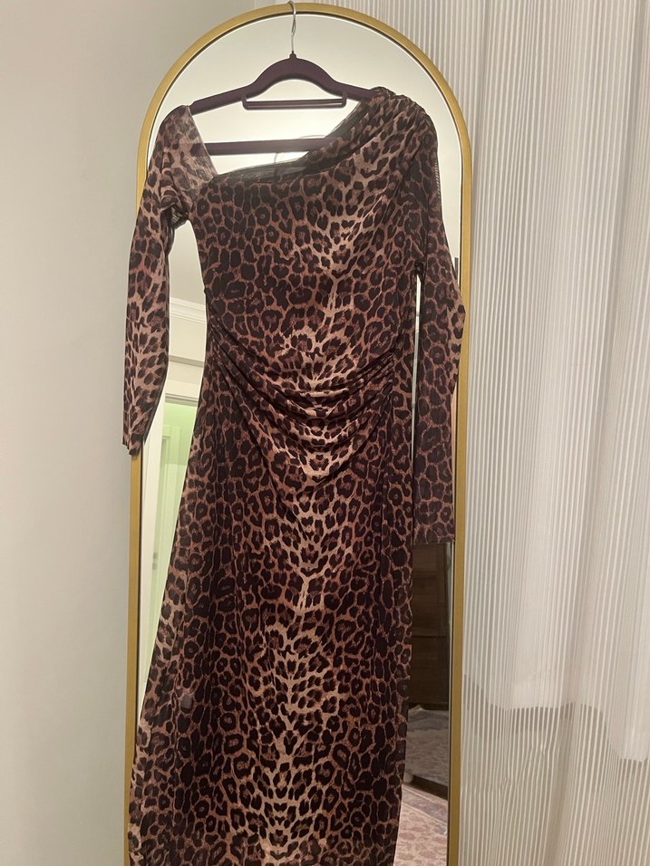 Drapeli Leopar Desenli Uzun Kadın Elbise - Görsel 3