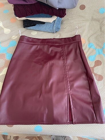 bordo deri etek mini