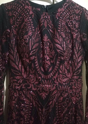 Bordo Desenli Uzun Kadın Abiye Elbise - Görsel 3