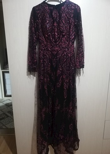 Bordo Desenli Uzun Kadın Abiye Elbise - Görsel 5