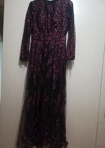 Bordo Desenli Uzun Kadın Abiye Elbise - Görsel 2