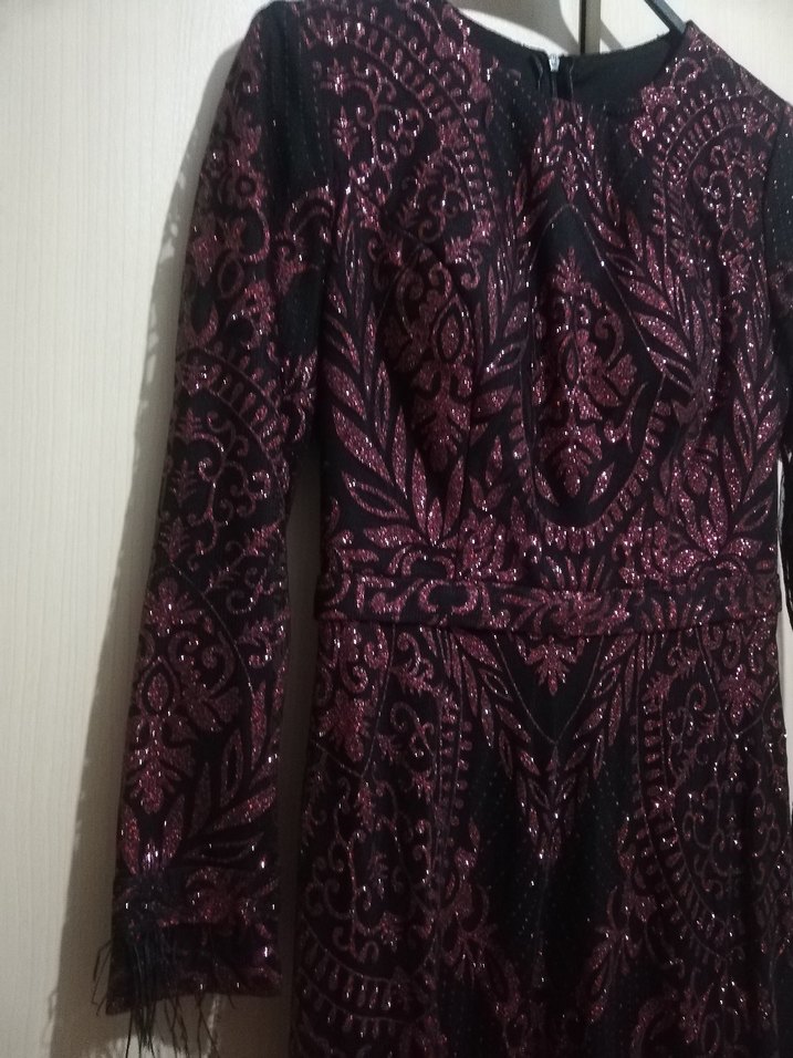 Bordo Desenli Uzun Kadın Abiye Elbise - Görsel 4