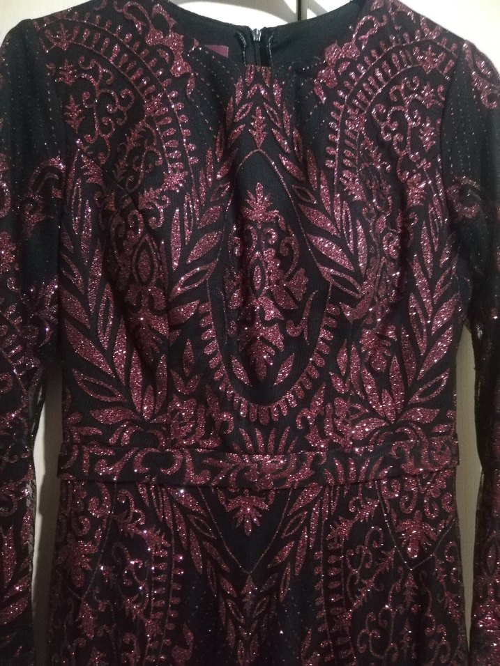 Bordo Desenli Uzun Kadın Abiye Elbise - Görsel 3