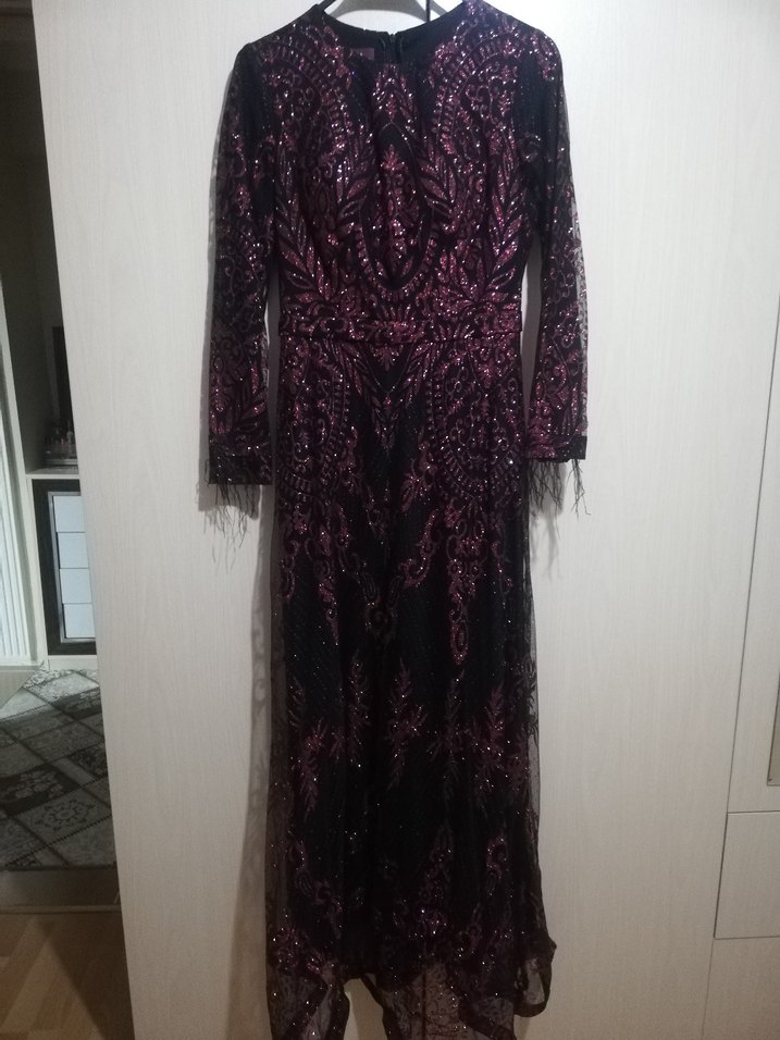 Bordo Desenli Uzun Kadın Abiye Elbise - Görsel 5