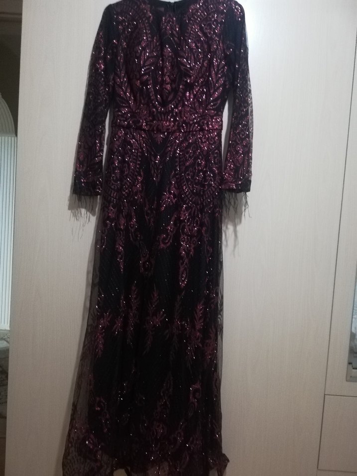 Bordo Desenli Uzun Kadın Abiye Elbise - Görsel 2