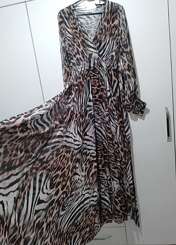 Şifon leopar uzun elbise 