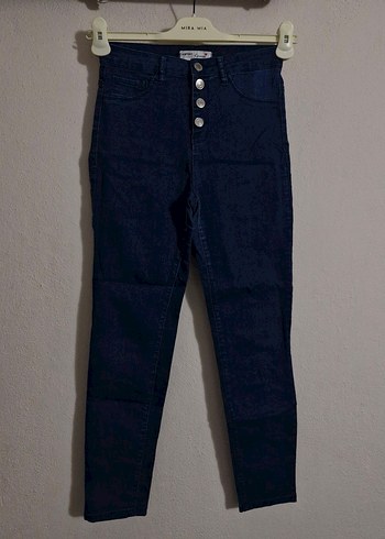 Düğmeli Lacivert Kadın Kot Pantolon - Görsel 3