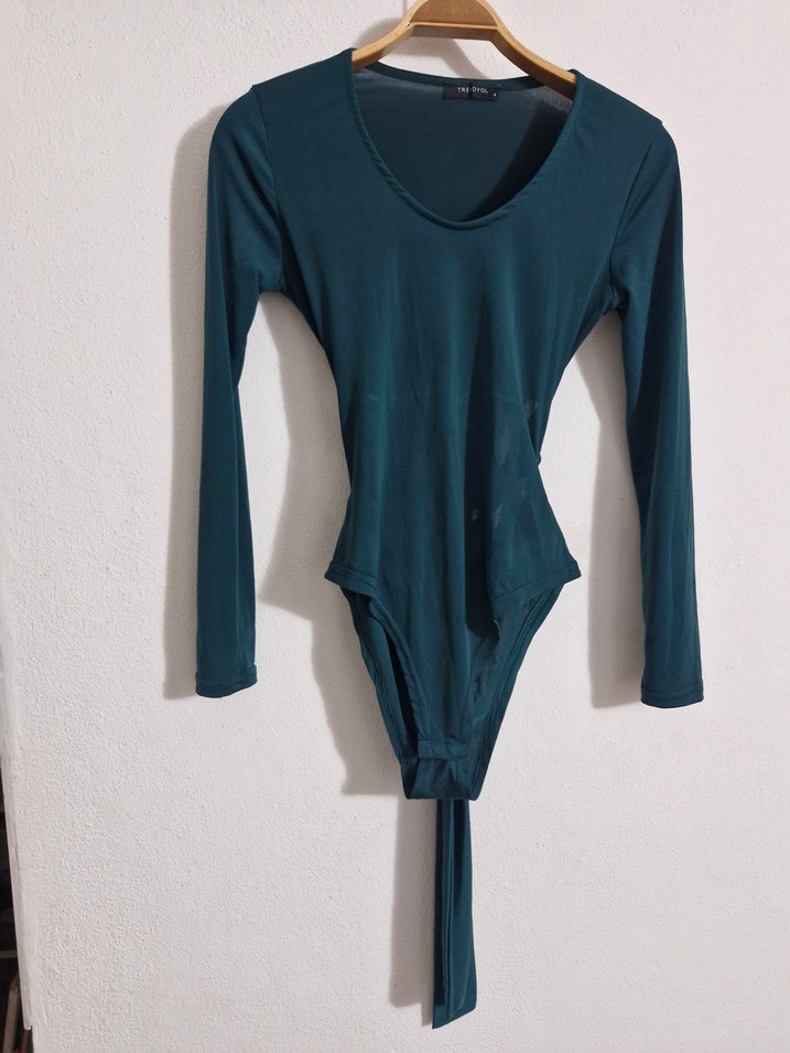 Uzun Kollu V Yaka Yeşil Kadın Body çıtçıtlı - Görsel 2