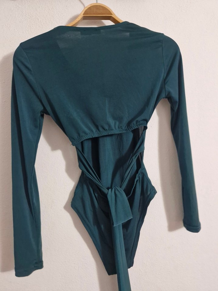 Uzun Kollu V Yaka Yeşil Kadın Body çıtçıtlı - Görsel 4